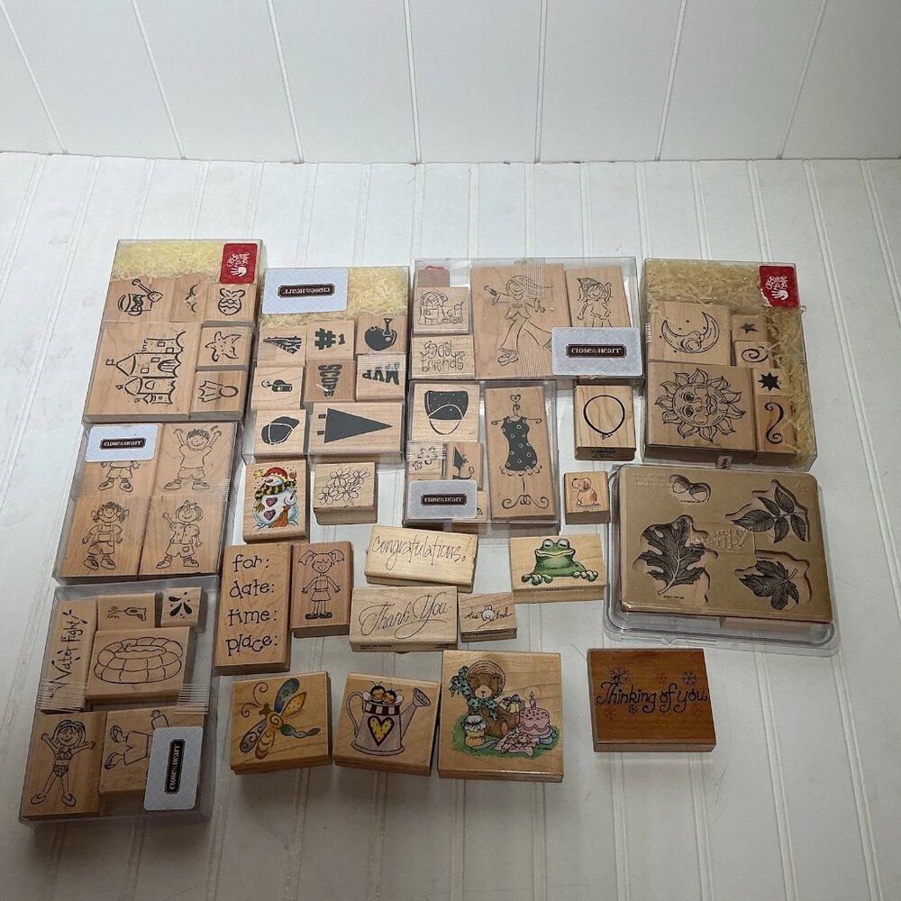 Lot of 59 Wooden Rubber Stamps Various Themes Beach, Floral, Sports, kids, words